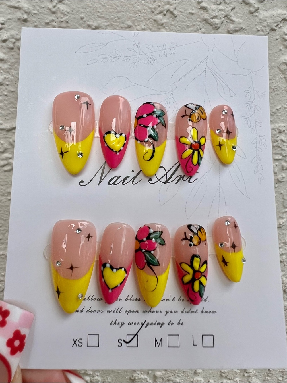 Bumblebee Floral Pink Yellow Almond Size Small Press On Nails Set of 10